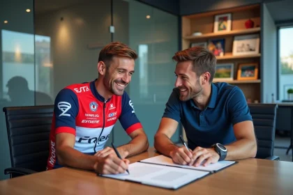 Cycliste professionnel français signant son contrat de transfert pour la saison 2026 avec un directeur sportif dans les bureaux d'une équipe cycliste