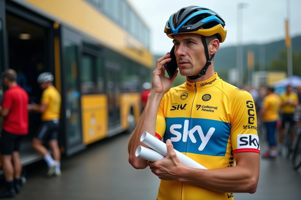 Cycliste en maillot de vainqueur négociant son contrat par téléphone dans le paddock d'une course professionnelle