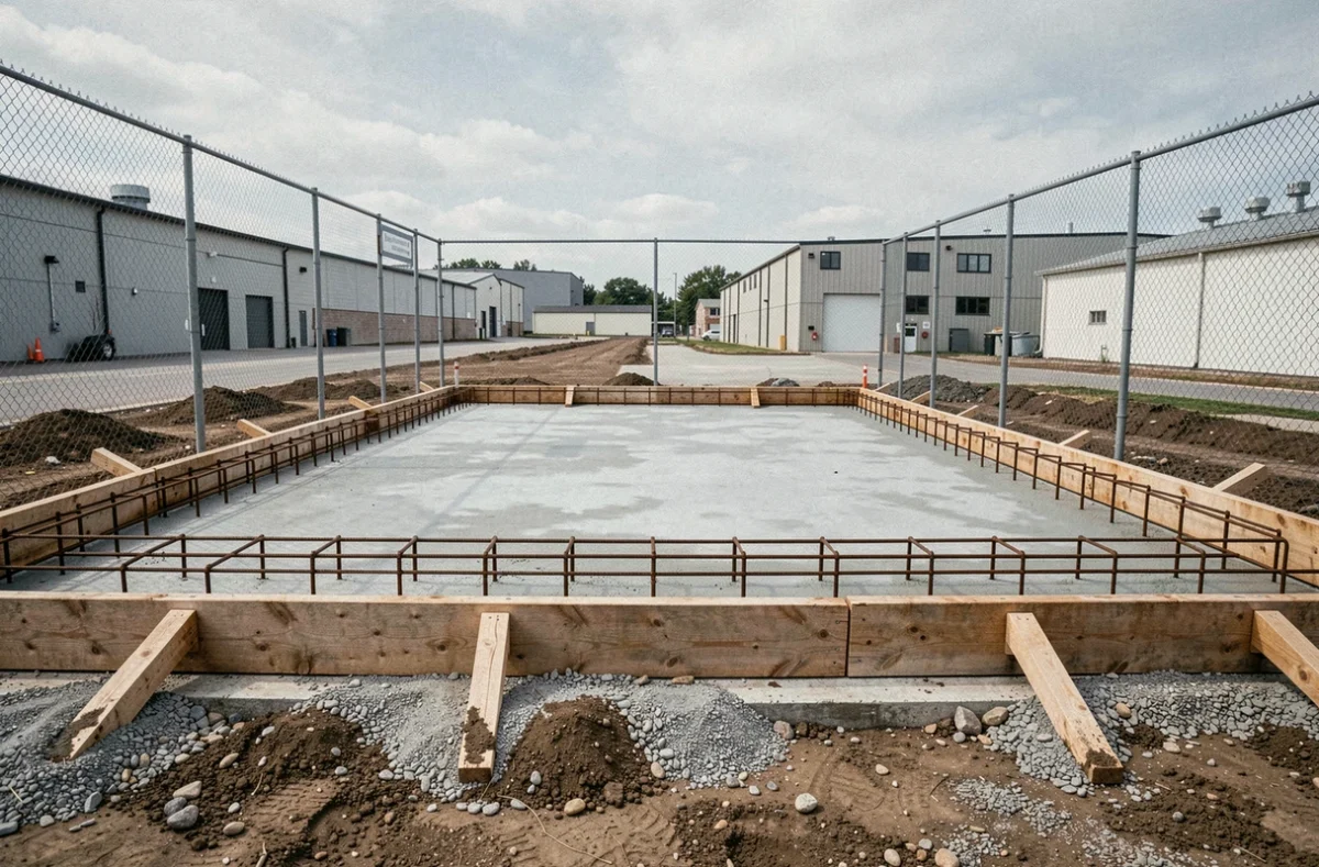 Dalle de béton fraîchement coulée pour un terrain de padel en construction avec ferraillage apparent