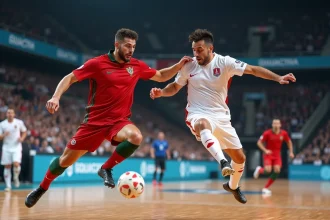 Deux handballeurs en plein saut lors d'un match intérieur