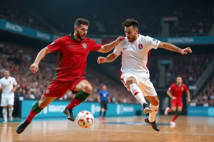 Deux handballeurs en plein saut lors d'un match intérieur
