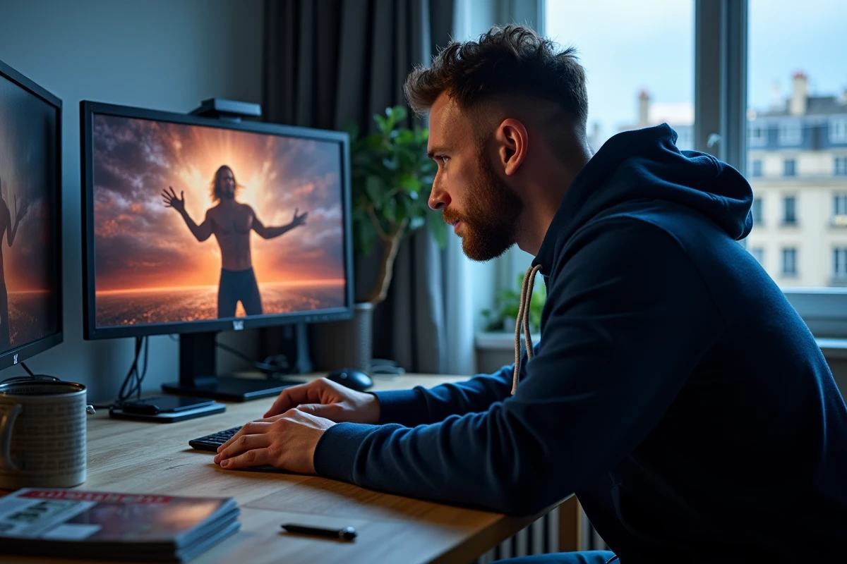 Homme découvrant le catch en regardant des vidéos WWE sur son ordinateur depuis son bureau parisien