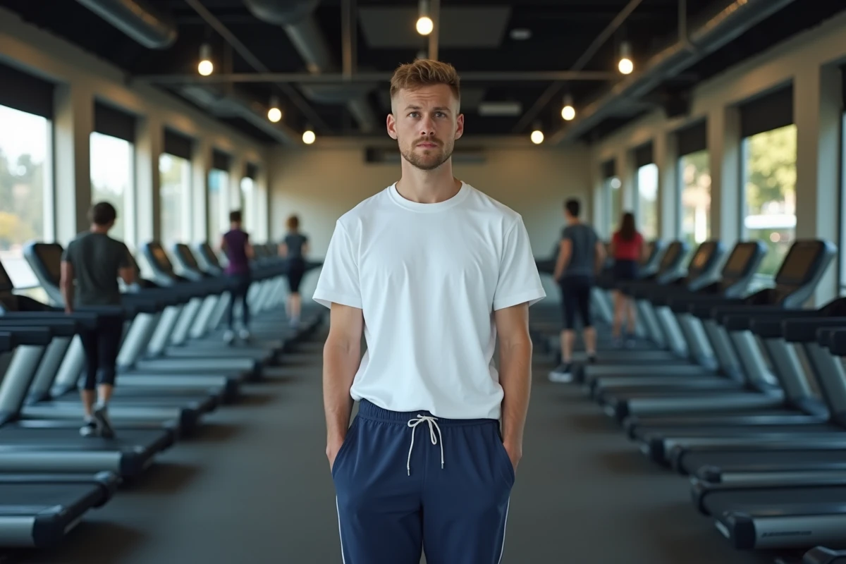 Homme débutant en salle de sport se tenant devant des tapis de course dans un espace fitness moderne et accessible