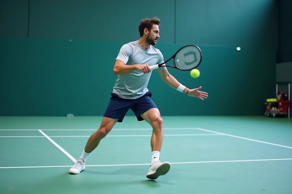 Entraîneur de tennis démontrant le revers slicé caractéristique du style de Stefan Edberg en salle