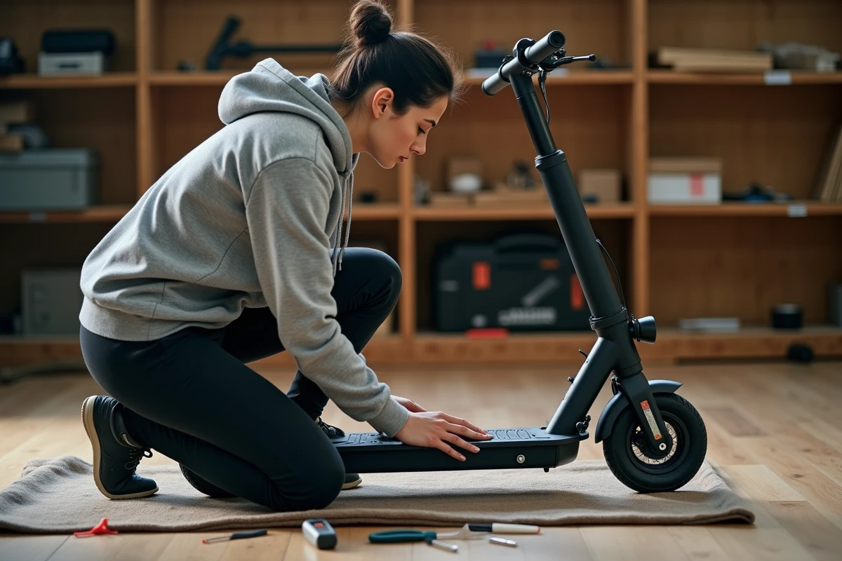 Femme réparant le compartiment batterie d'une trottinette Urban Glide 140 dans un atelier de bricolage