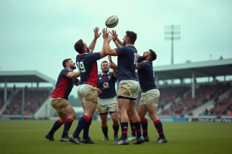 Joueurs de rugby fédérale 2 en compétition lors d'une touche pendant un derby régional de poule 4 en 2026