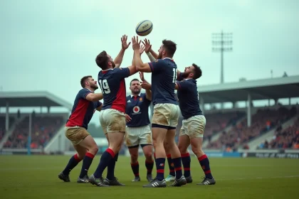 Joueurs de rugby fédérale 2 en compétition lors d'une touche pendant un derby régional de poule 4 en 2026