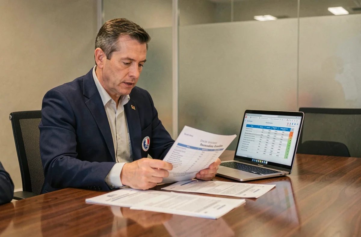 Dirigeant de la fédération française de rugby examinant des documents de restructuration des divisions lors d'une réunion officielle