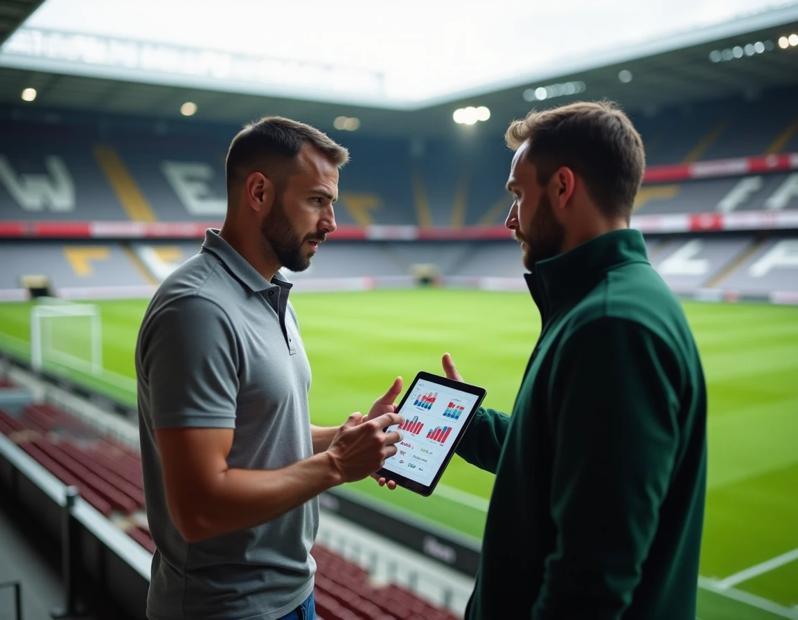 Deux dirigeants sportifs discutant des performances financières d'un club de football dans un stade vide