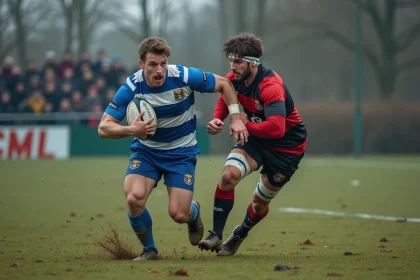Deux joueurs de rugby en duel lors d'un match de Fédérale 2, lutte pour le maintien en poule 3