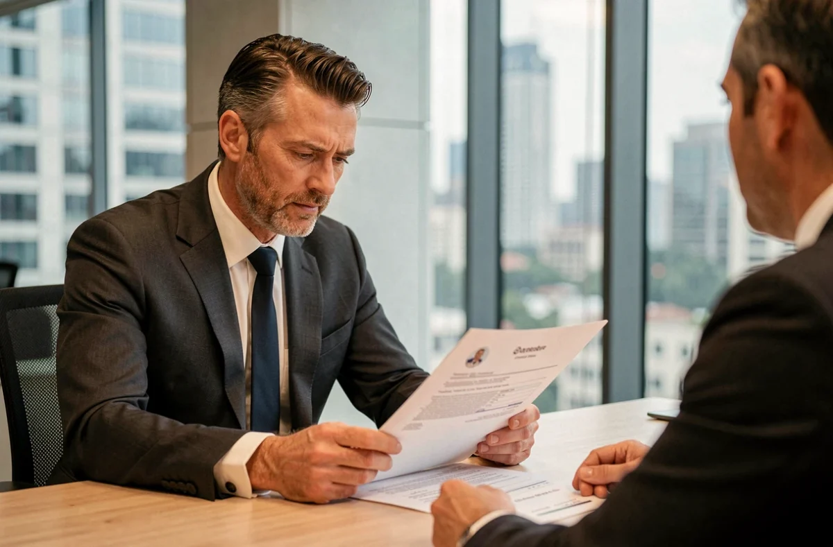 Agent sportif examinant des documents de transfert dans un bureau moderne, symbolisant les négociations autour du futur club d'Eden Hazard en 2026