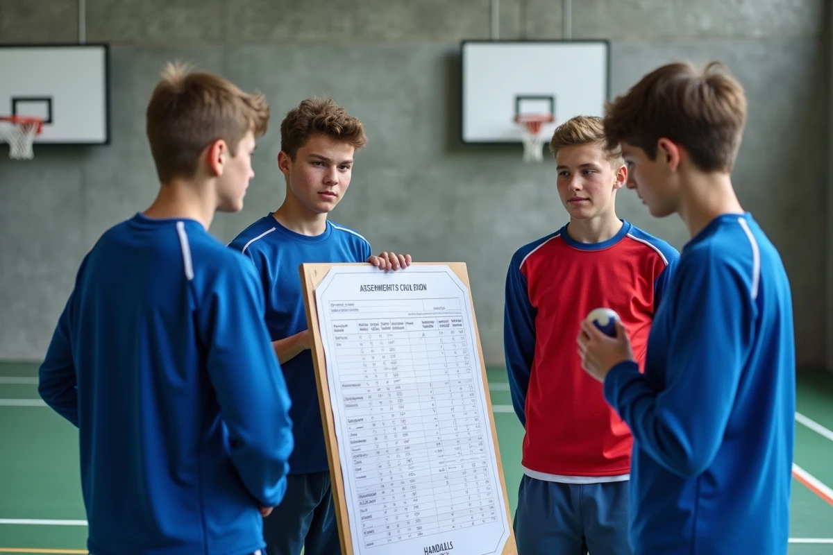 Groupe d'élèves en EPS analysant un tableau d'évaluation par champs d'apprentissage lors d'une séance de handball