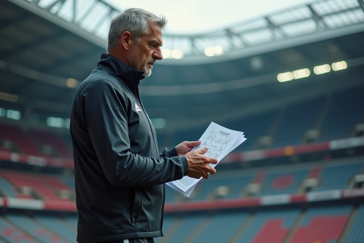 Entraîneur de football concentré sur sa feuille de composition tactique en bord de terrain avant un match crucial