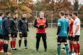 Entraîneur de football en Isère donnant des consignes tactiques à ses joueurs lors de la reprise d'entraînement en club amateur