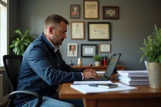 Entraineur de trot en bureau avec ordinateur et papiers