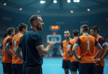 Entraineur de handball donnant des instructions urgentes lors d'un temps mort
