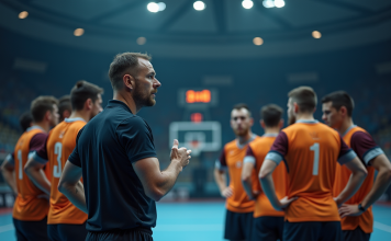 La gestion du temps dans un match de handball : stratégies et tactiques Entraineur de handball donnant des instructions urgentes lors d'un temps mort