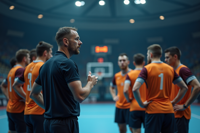 Entraineur de handball donnant des instructions urgentes lors d'un temps mort