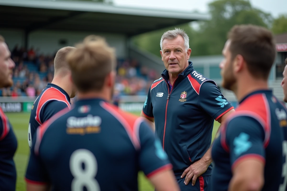 Entraîneur de rugby fédérale 2 donnant des consignes tactiques à ses joueurs en bordure de terrain lors d'un derby de poule 4