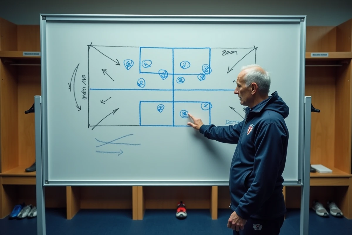 Entraîneur du RC Strasbourg analysant la tactique sur un tableau blanc pour préparer les derniers matchs de la saison 2026