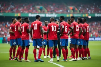 Joueurs de l'équipe nationale de football de la RD Congo en cercle tactique sur le terrain lors d'un entraînement officiel