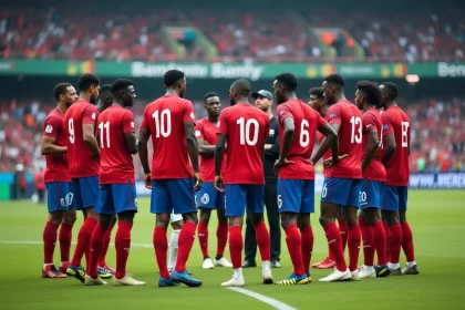 Joueurs de l'équipe nationale de football de la RD Congo en cercle tactique sur le terrain lors d'un entraînement officiel