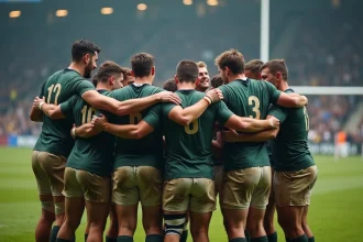 Groupe de joueurs de rugby en équipe après un match