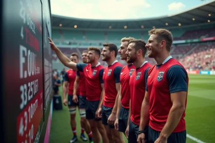 Groupe de joueurs de rugby autour du tableau de score