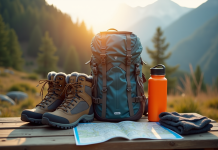 Groupe d'equipement de randonnee en montagne sur une table