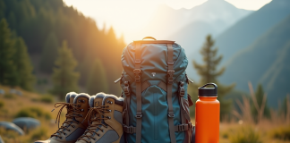 Groupe d'equipement de randonnee en montagne sur une table