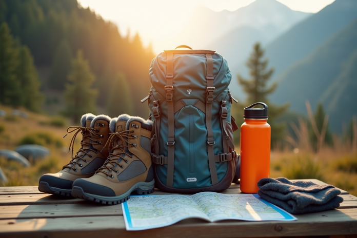 Groupe d'equipement de randonnee en montagne sur une table