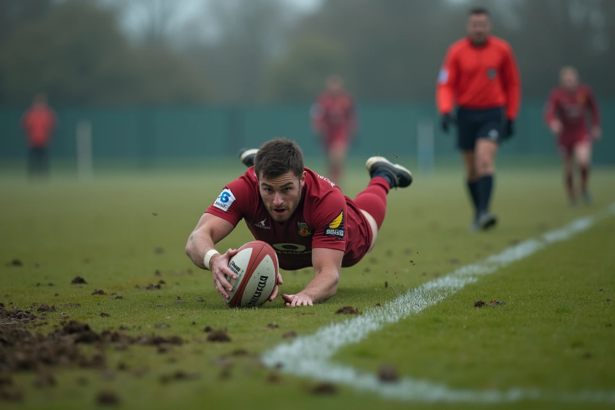 Essai marqué lors d'un match de rugby Fédérale 2 poule 4 pendant la saison 2026, joueur plongeant en coin