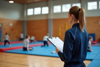 Enseignante d'EPS évaluant des élèves en gymnastique avec une grille de compétences dans un gymnase scolaire