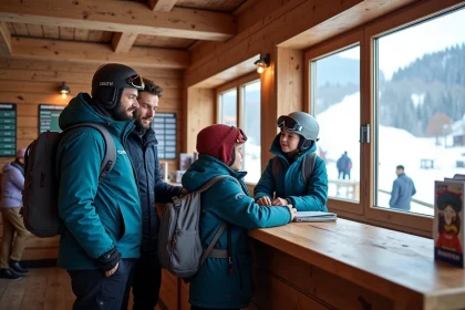 Famille en train de comparer les tarifs de forfaits saison au guichet d'une station de ski des Alpes françaises à Villard-de-Lans