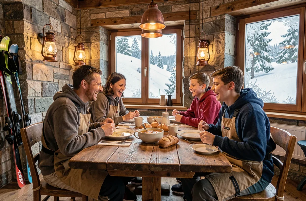 Famille en vacances au ski partageant un repas dans un chalet refuge de montagne convivial et économique