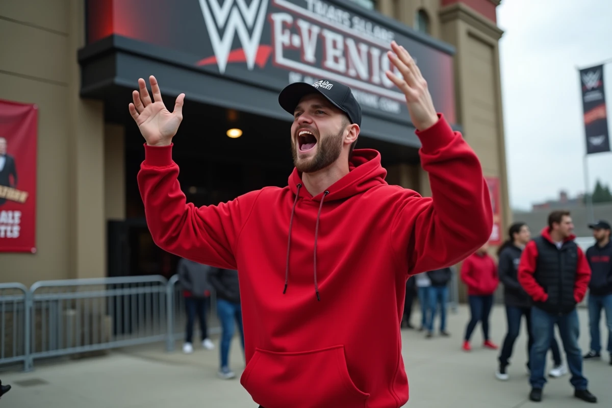 Jeune fan en hoodie rouge imitant une taunt de catch à l