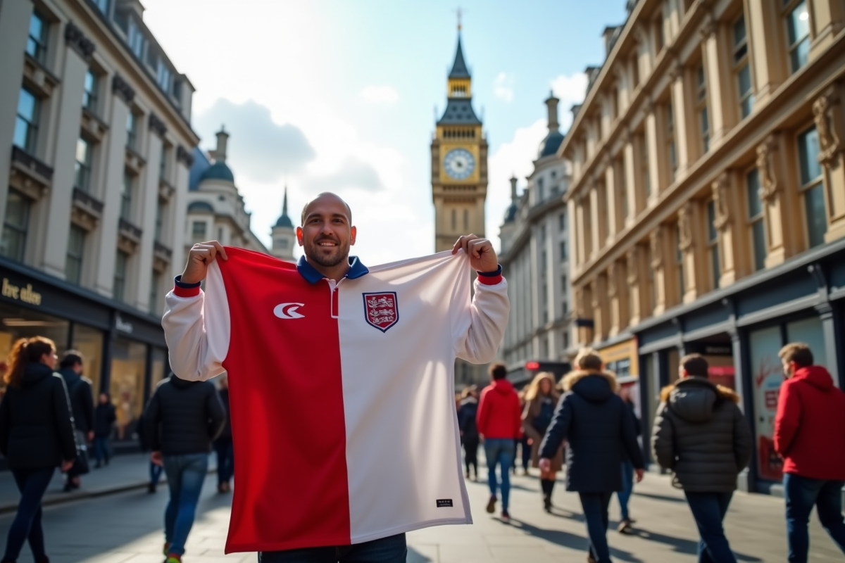Fan avec maillot Angleterre rugby devant Big Ben à Londres