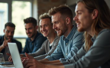 Analyse de l’impact du forum d’Olweb sur la communauté sportive : que retenir ? Groupe de fans sportifs discutant autour d'un ordinateur