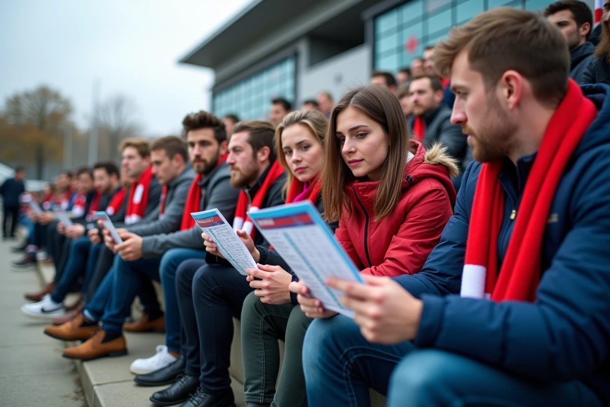 Groupe de fans de rugby regardant programme avant match