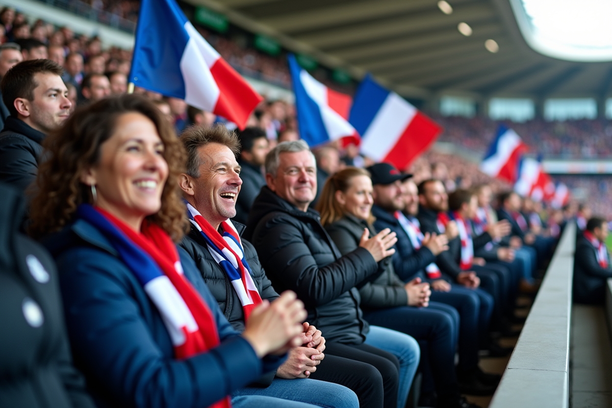 Supporters de rugby agités dans les tribunes en fête