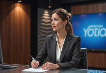 Remplaçante de Marie Portolano : quel choix pour la suite ? Femme confiante en studio de télévision pour l'article