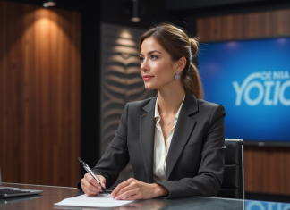 Remplaçante de Marie Portolano : quel choix pour la suite ? Femme confiante en studio de télévision pour l'article