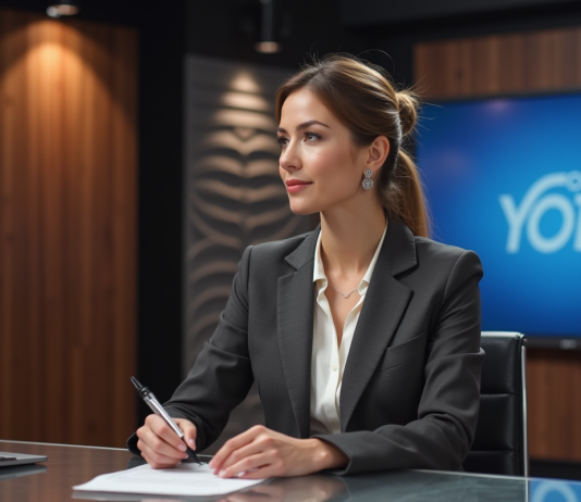 Remplaçante de Marie Portolano : quel choix pour la suite ? Femme confiante en studio de télévision pour l'article