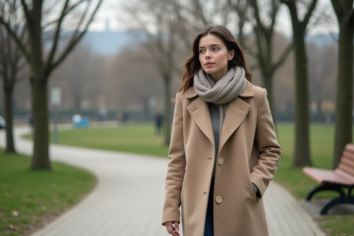 Jeune femme en manteau beige se promenant dans un parc urbain