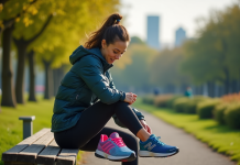 Femme examinant deux paires de chaussures de course colorées