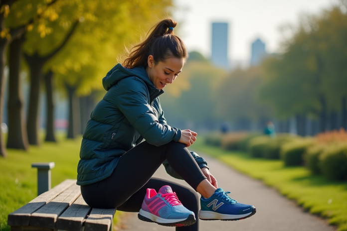 Femme examinant deux paires de chaussures de course colorées