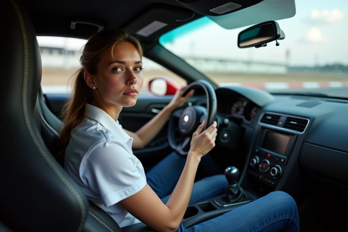 Jeune femme concentrée dans l’intérieur d’une voiture de sport