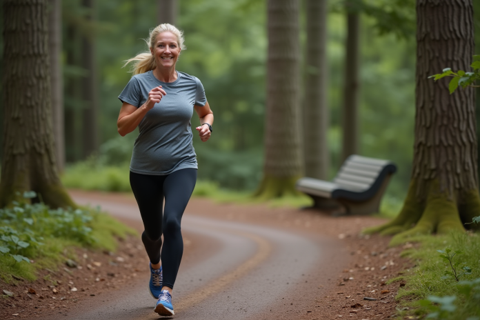 Femme courant en forêt avec vêtements de sport