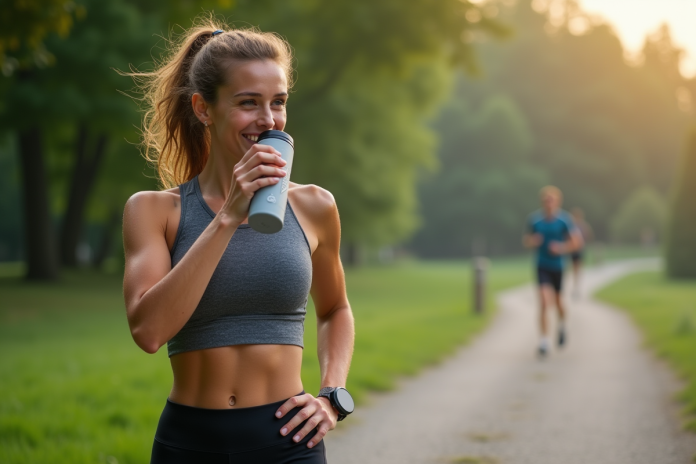 Jeune femme sportive buvant lors d'une course matinale