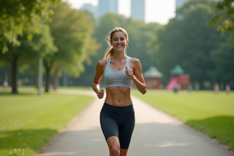 Jeune femme sportive souriante dans un parc urbain